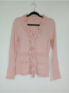 Boston Proper Pink Ruffle Cardigan Sweater Pockets Size Small Cotton Blend